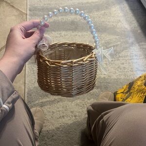Elegant Tan Wicker Basket with Pearl Handle flower girl basket